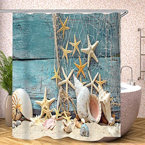 Fgolphd Duschvorhang Muschel Seestern Strand 180x200 180x180 Bunt Pink Blau Textil Badezimmerteppich 4-teiliges Set,Shower Curtains Waschbar (1,200 x 200 cm) – Bild 3