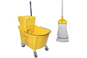 Commercial Mop Bucket with Side Press Wringer on Wheels, Including Push Handle and Commercial Mop
