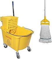 Midoneat 35 Quart Commercial Mop Bucket with Side Press Wringer on Wheels & Heavy-Duty Mop - Yellow, Industrial Cleaning