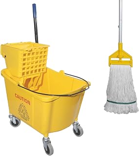 Midoneat 35 Quart Commercial Mop Bucket with Side Press Wringer on Wheels & Heavy-Duty Mop - Yellow, Industrial Cleaning