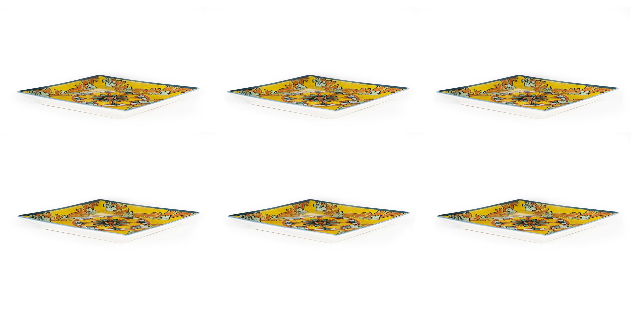 Excelsa Trinacria Lot de 6 assiettes carrées en céramique 24 cm Motif floral jaune