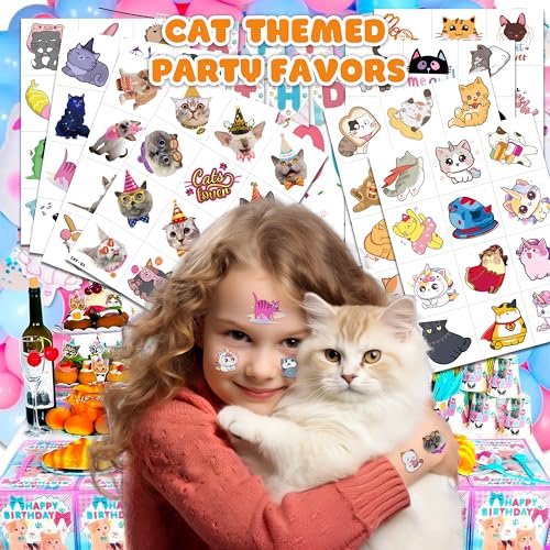Image of 96 PCS Pre-Cut Cat Temporary Tattoos for Kids | Birthday Party Favors Gifts | Super Cute Cats Pet Themed Animal Paw Fake Tattoo Stickers, Supplies, Decorations, Rewards for Boys Girls