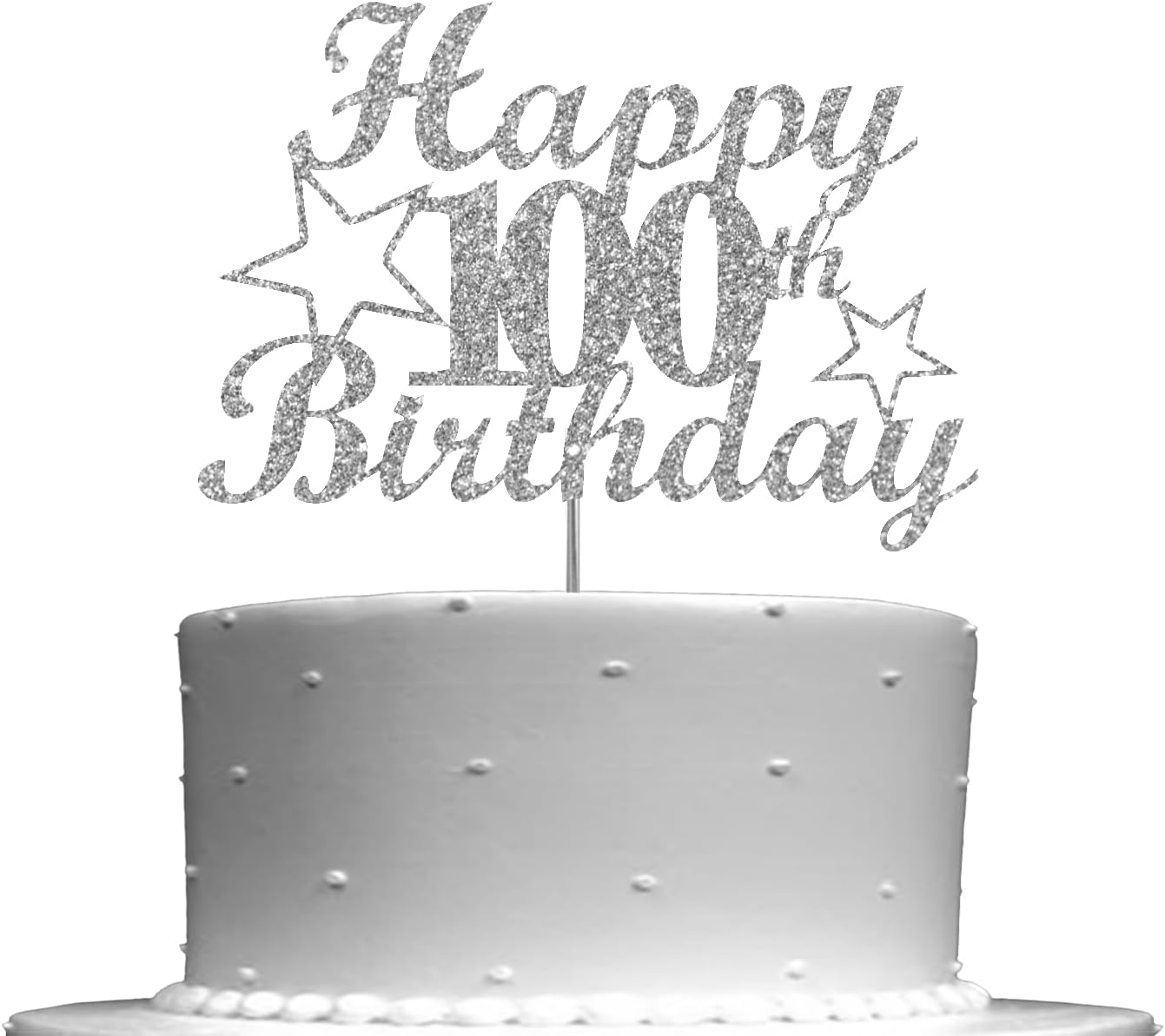 Silver 100 Birthday Glitter Cake Topper – Premium 100th Birthday Cake Decoration, Milestone Party Supplies, Double-Sided Glitter Design with Acrylic Stick, Made in USA