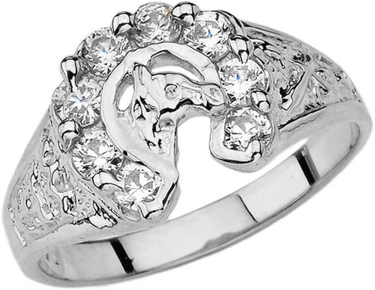 Lucky Horseshoe Ring with CZ in Solid Sterling Silver (Size 8)