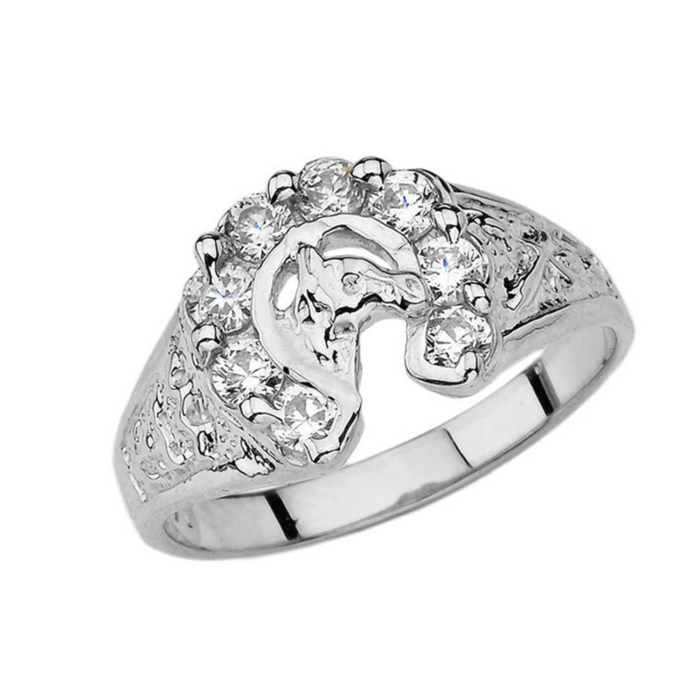 Claddagh GoldHorseshoe Jewelry Lucky Ring with CZ in Solid Sterling Silver