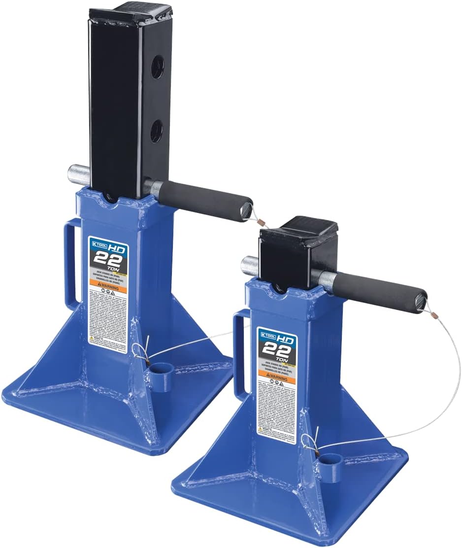 K Tool International HD61222 22 Ton Automotive Jack Stands for Garages, Repair Shops, and DIY, Pin Style, V Shaped Saddle, Heavy Duty Steel Frame, Adjustable Height 11.825"- 19.725", Black/Blue, Pair