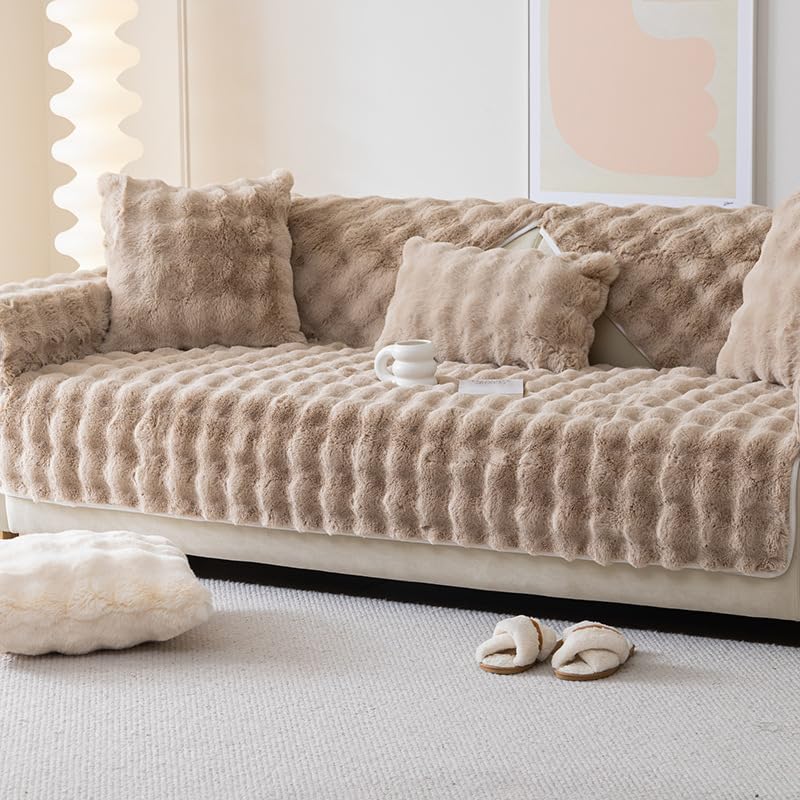 Housse de canapé peluche ultra douce kaki texturée haute densité