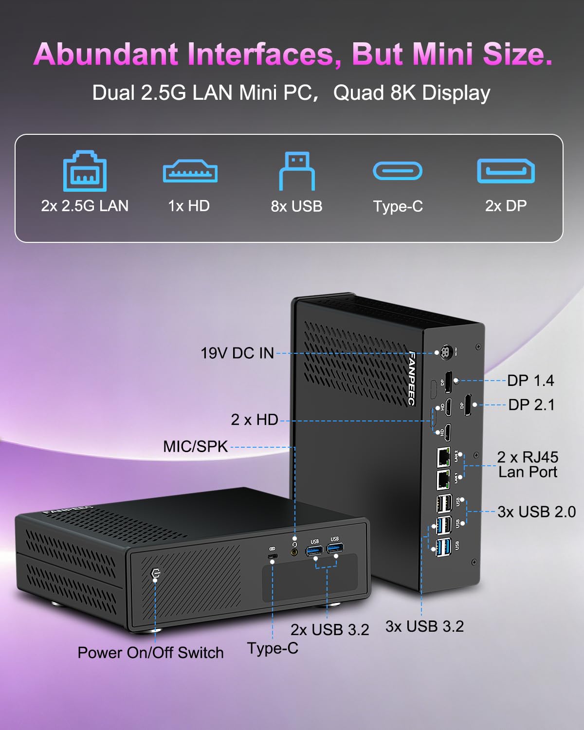 FANPEEC AI Mini PC Core Ultra 5-135H avec RTX 5050, PC Gaming 16Go DDR5 1To NVME SSD, WiFi6 BT5.2, 8K Quad Display, Mini Workstation Ordinateur avec AI Boost NPU, TPM2.0
