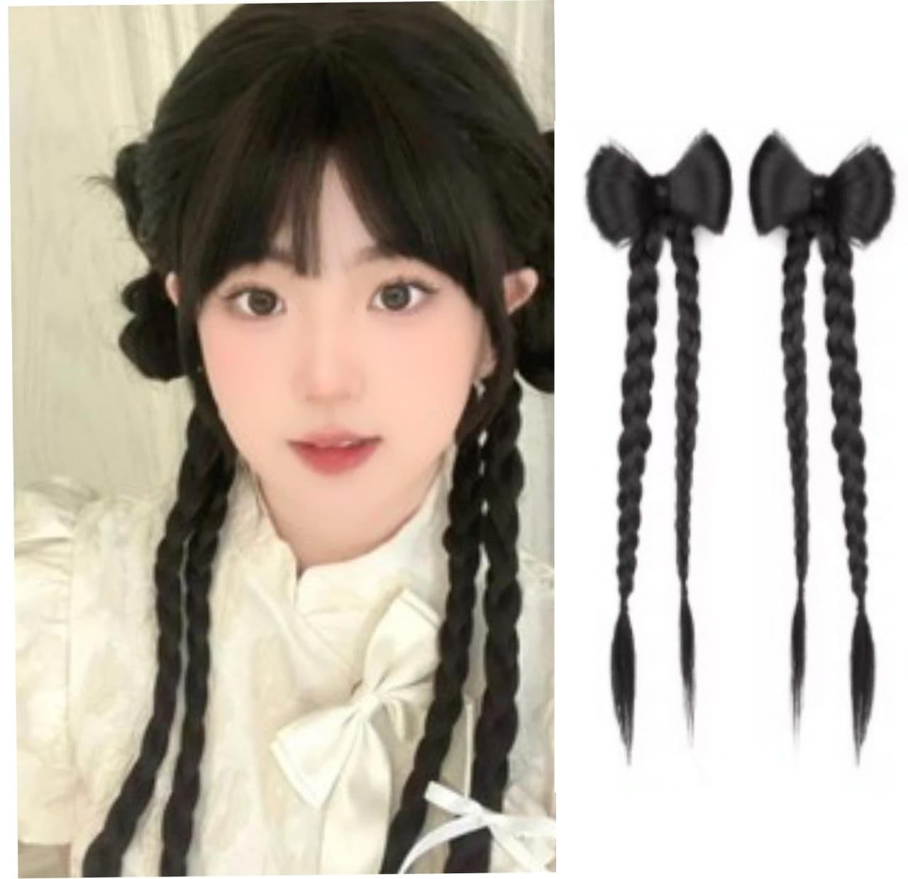 HAIR WALA™ 02 PCS Synthetic Hair Bow Rust Free Barrette Clip attached Twist Braids Hair Extensions, Black, Decorative Hair Ponytail Pieces, Light Weight, (Black)