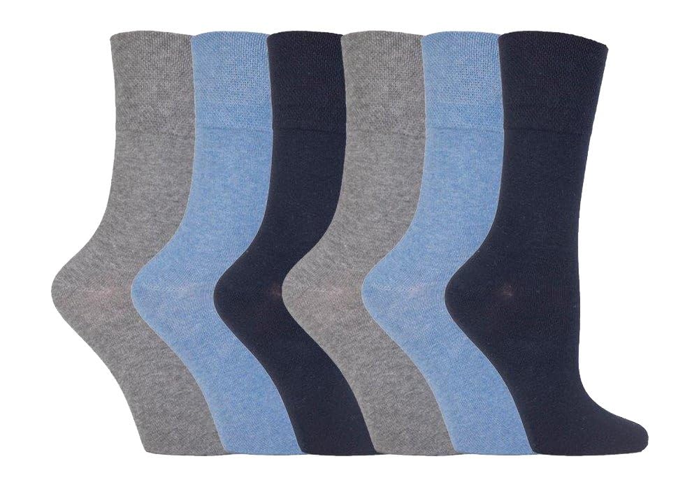 Iomi Women's Blue Footnurse - 6 Pair Multipack Non Elastic Diabetic Socks With Gentle Grip Wide Top 4-8 (4-8, )
