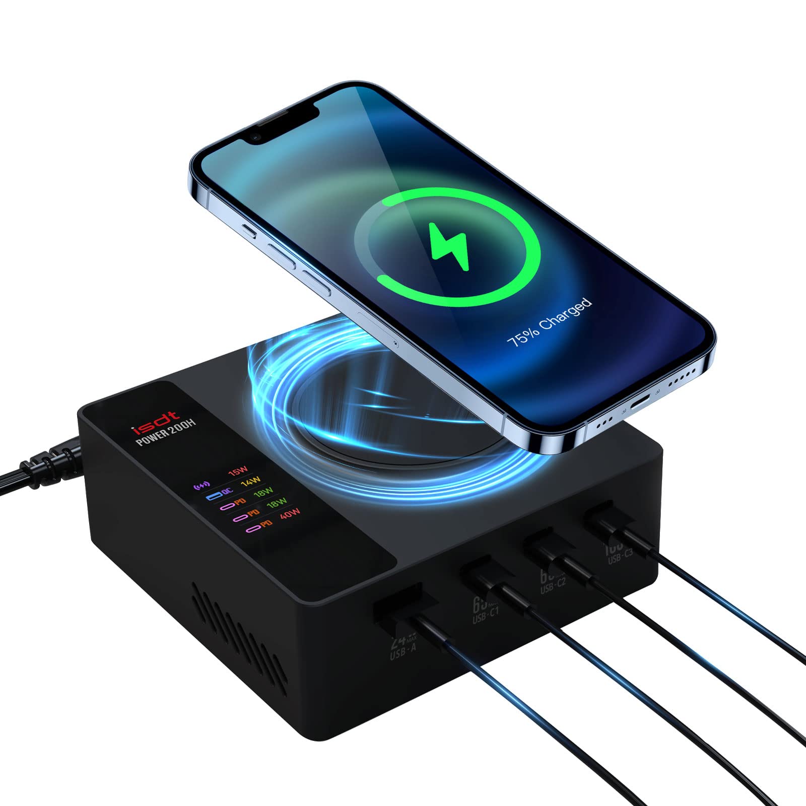 ISDT Power 200 Serie USB C Ladegerät,200W Handy Ladegerät mit 4 USB+1 Kabelloses Ladegerät,APP-Verbindung LCD Display PD 3.1 Schnelles Ladegerät Kompatibel mit iPhone,iPad,MacBook usw (Power 200H)