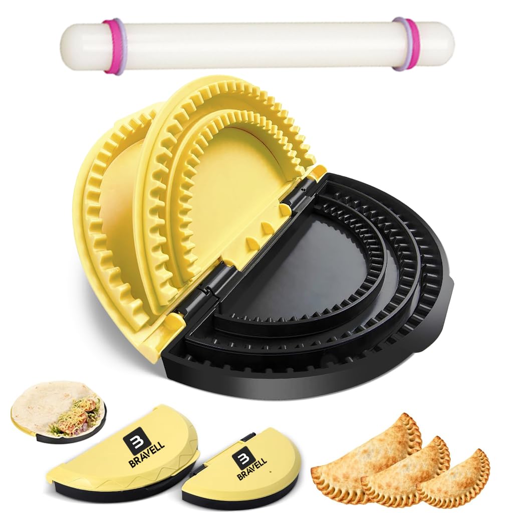 3-in-1 Tortilla Sealer, Tortilla Crimper Includes Free Rolling Pin – Adjustable and Removable 6, 8 &amp; 10 Inch Plates for Burritos, Tacos, Quesadillas, Dumplings &amp; Sandwiches – Yellow &amp; Black