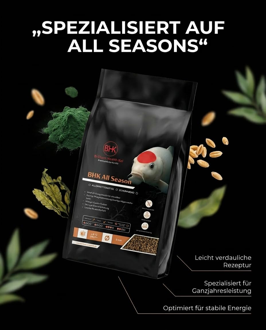 BHK Koi Mangime All Season 15 kg – Mangime per laghetto con farina di pesce e olio di salmone, pellet galleggianti da 5 mm, mangime per tutte le stagioni a partire da 8 °C – per la primavera fino