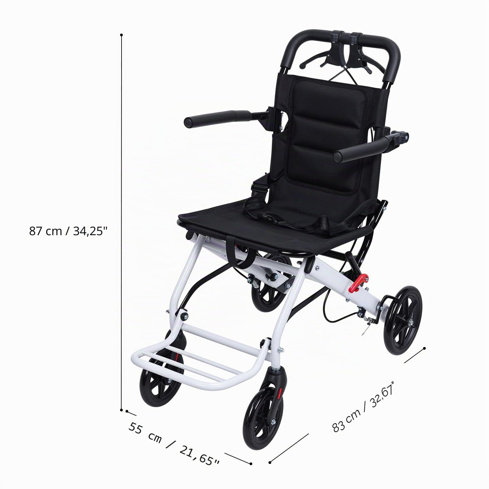 Fauteuil roulant de transport portable, léger et pliable avec ceinture de sécurité et grandes roues tout terrain, cadre en aluminium, accoudoirs rabattables, capacité de 81,6 kg, pour adultes et