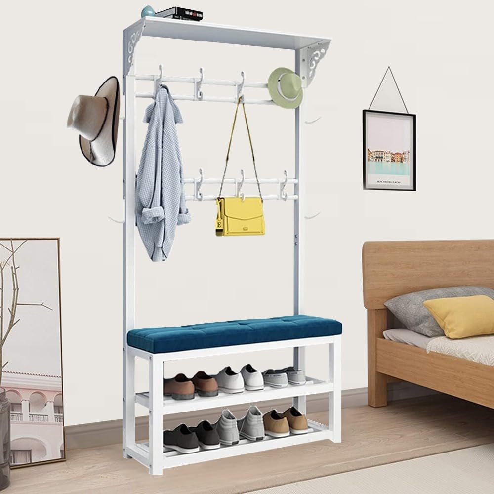 MYUYEE Industrial Coat Rack With Shoe Bench Entryway Coat Stand With Hooks Free Standing Hall Tree Maximum Load Capacity 100Kg For Living Room,Hallway, Bedroom, Entrance(B-80Cm)