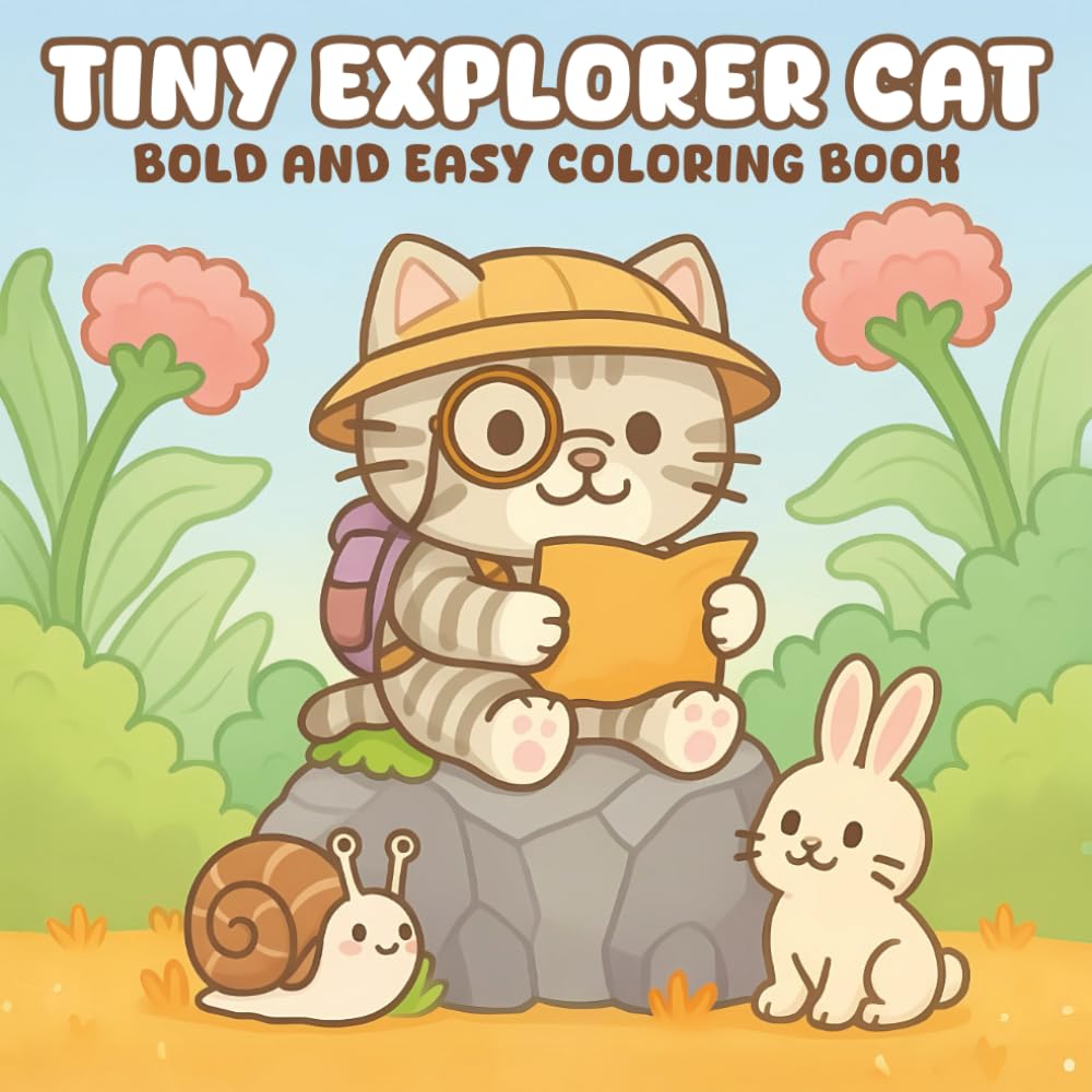 Tiny Explorer Cat: Bold And Easy Coloring Book for Adults and Teens Featuring Lovable Characters, Fantasy Scenes, for Relaxation