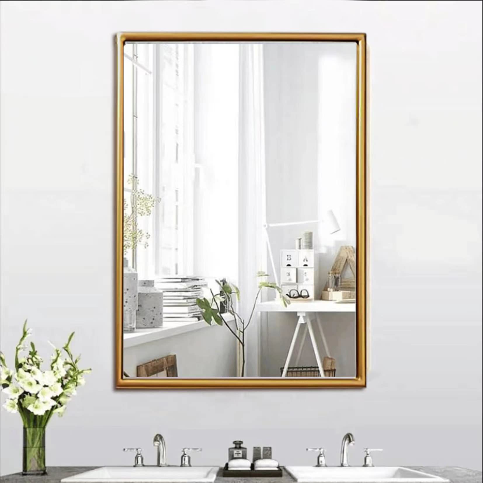 HEYFOXES 22Ã—30 Gold Rectangular Wall-Mirror, Metal Frame Vertical or Horizontal Hanging, for Bathroom, Hallway or Living Room