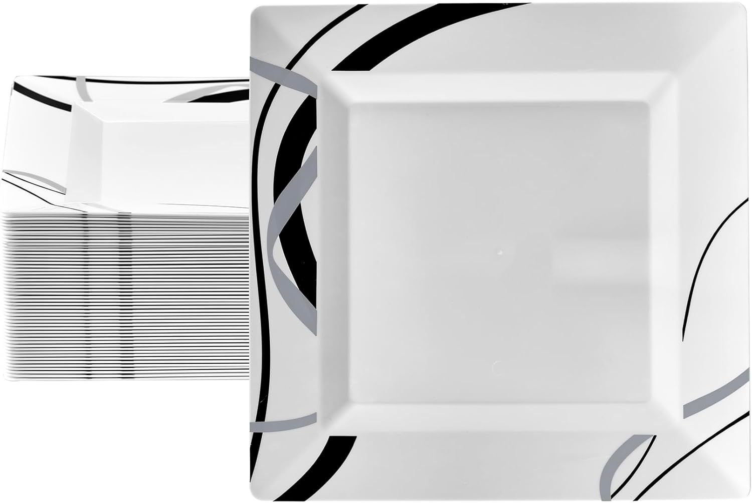 Oasis Creations White Square Plates with Geometric Black and Silver Lines 7.25" - 50 count - Premium Hard White Plastic -Disposable and Reusable - Salad Appetizer Dinner - Party Plate Set 7.25Inch White with Black and Silver Geometric Lines