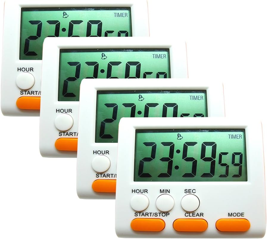 Big Screen 24 Hours Digital Kitchen Timer with Hour/Minute/Second Counting Up/Down, 4 PCS Orange