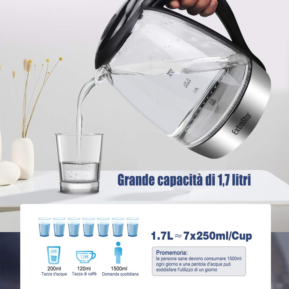 EXTRASTAR Hervidor de agua eléctrico, hervidor con luz indicadora LED azul, hervidor eléctrico sin BPA con apagado automático y protección contra ebullición en seco Acero Inoxidable 1.7L