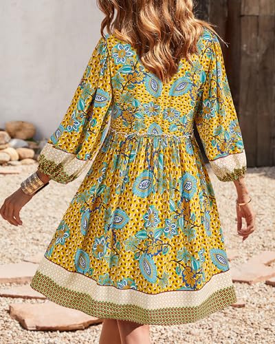 Image of BTFBM Women Casual Spring Summer Dresses V Neck 3 /4 Long Sleeve Ruffle Floral Flowy Boho Babydoll Mini Short Beach Dress