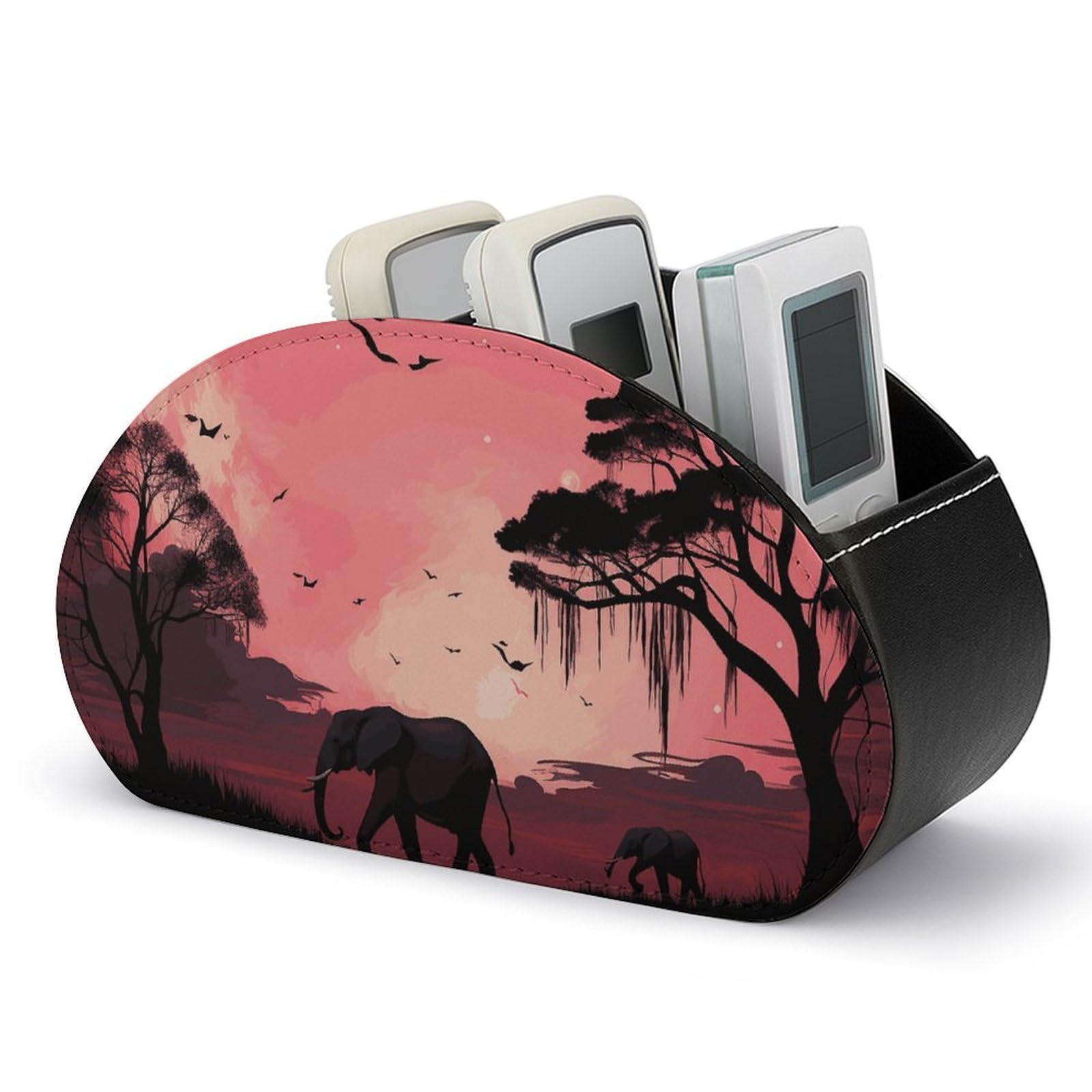 JTREHY Pink Moon Elephant Remote Control Holder with 5 Compartments Pu Leather Remote Caddy Box Multi-functional Deskt Holders Organizer Box Tray Bedside Table Storage Organizer