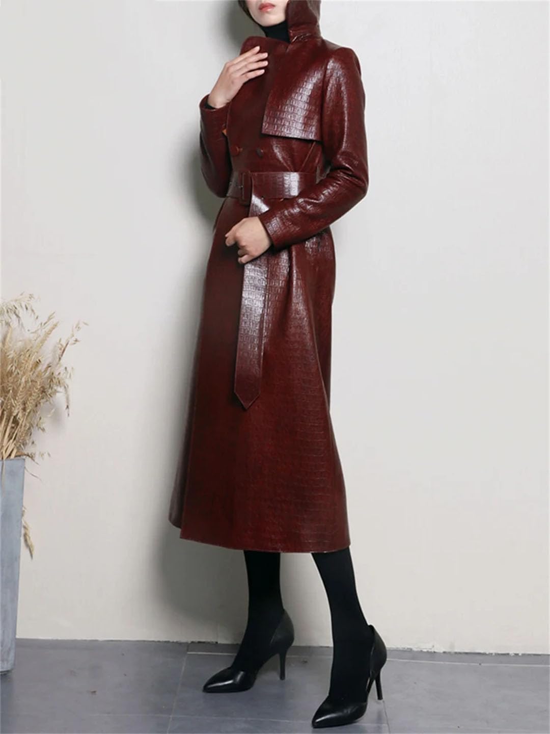 Women's Long Reflective Patent Faux Leather Trench Coat For Women Belt Double Breasted