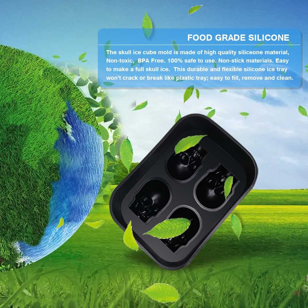 Moule à Glaçons 3D Tête De Mort Qeedee - Silicone Alimentaire 4 Cavités - Sans BPA