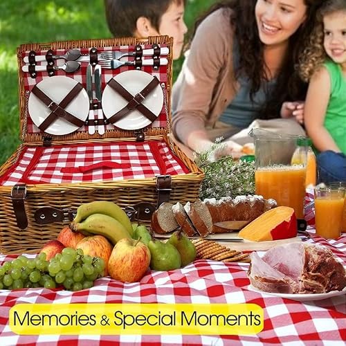 Nature Gear Picnic Basket, Wicker Basket with Handle for Outdoors, Insulated Woven Basket, includes a Service Kit of Dinnerware & Wine Glasses, Picnic Basket Set for 4 with Blanket, Red & White - Thumbnail 3