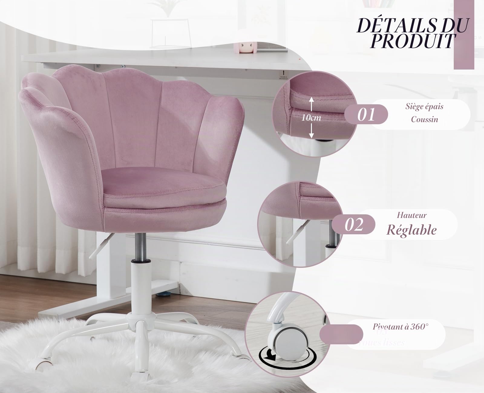 Ya-Home Chaise de Bureau Jolie à roulettes pour Enfants en Velours, Violet | Fauteuil de Bureau Enfant Fille Hauteur Réglable,avec Coussin en Velours, Chaise Bureau Fille Confortable