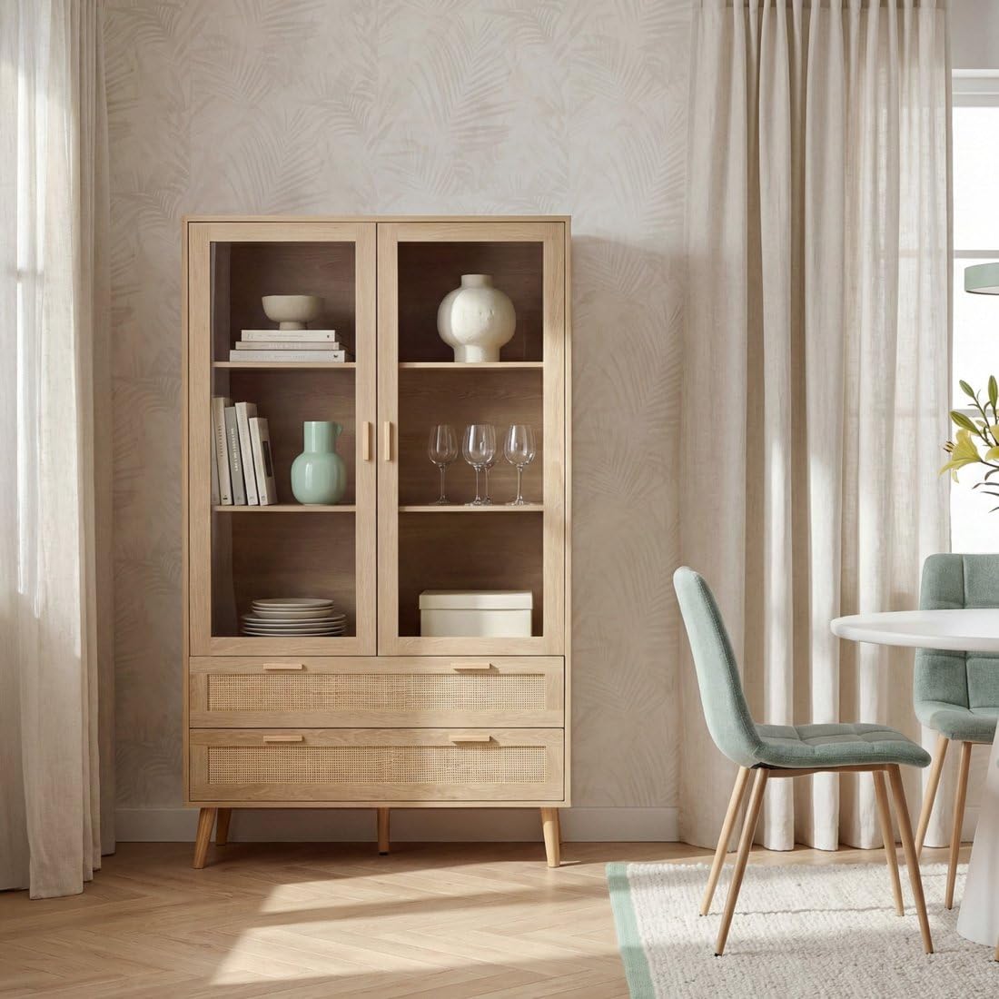 KLAST Vitrine en Bois et en Rotin Naturel avec Dos Portes Vitrees, Trois Etageres et Dos Tiroirs pour Le Rangement. Dimensions : 100 Cm x 170 Cm