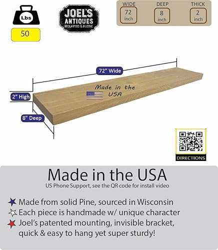 Vista 169 de joelsantiques - Estante rústico y contemporáneo con soportes, pino macizo, hecho a mano en Estados Unidos, 2 pulgadas de grosor x 8 pulgadas de Gris