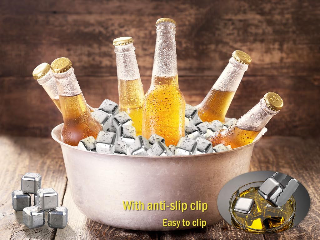 Anlising 16 cubetti di ghiaccio in acciaio inox, riutilizzabili, pietre per whisky, pietre per vino riutilizzabili, pietre per whisky in acciaio inox, per bevande raffreddate, whisky, birra, per feste