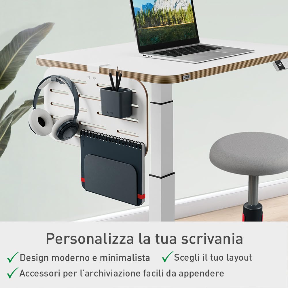 Leitz Ergo Organizer con Pannello Forato per Scrivanie dallo Spessore Massimo di 35 mm, Include Gancio per Cuffie, Portapenne e Porta Blocco per Note, 42 cm x 25 cm, Gamma Ergo, Bianco, 65480000