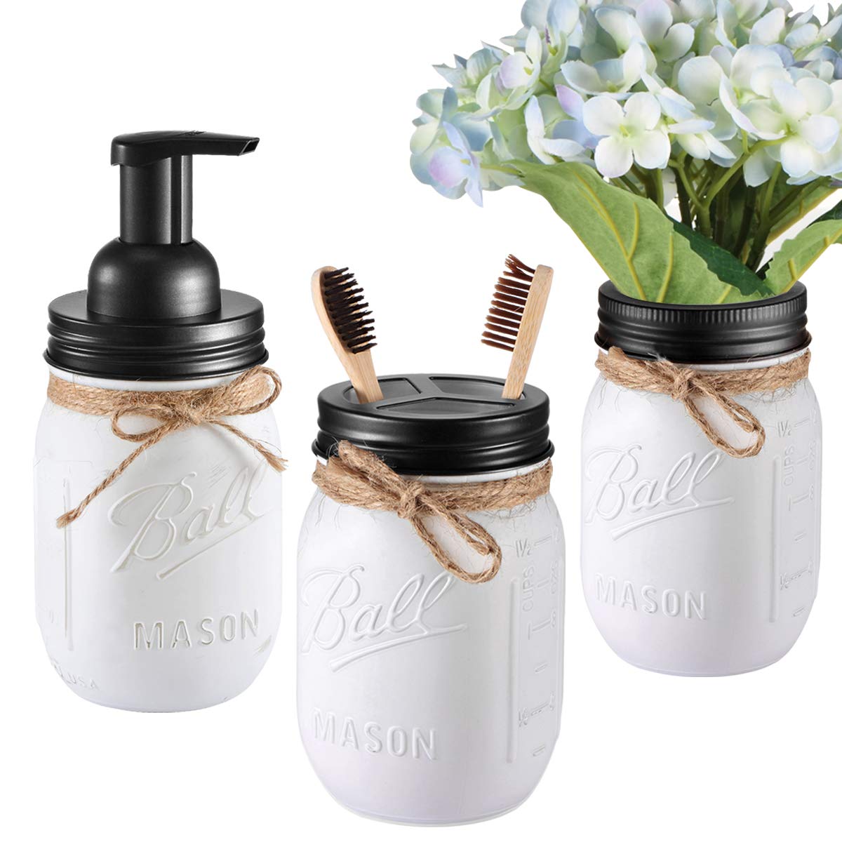 Mason Jar Bathroom Set（3 Piece）-Foaming Soap Dispenser, Toothbrush Holder ,Flower Vase,for Wedding House Decor Countertop and Vanity Organizer Bathroom Kitchen Farmhouse Décor (Black)