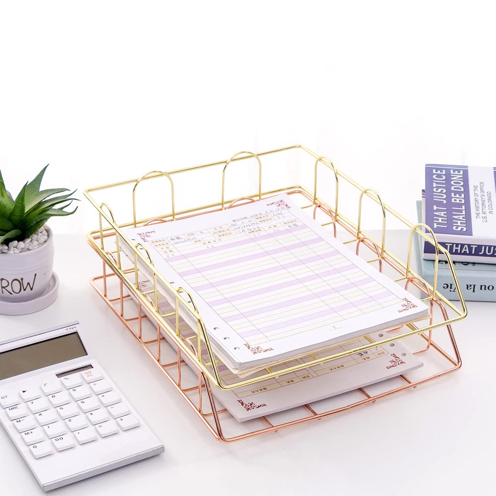 XINGHE A4-brievenbakje, 2-laags stapelbaar brievenbakje voor op het bureau, netjes document, briefpapier, organizer, metaal, A4-formaat, geschikt voor thuis of op kantoor (Rose goud