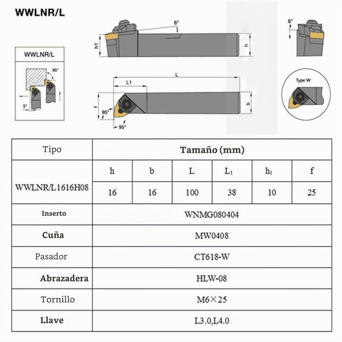 Maizoon Soporte externo para herramientas de torno CNC, accesorios para torno WWLNR1616H08+WWLNL1616H08+10 piezas de insertos de carburo de 12 mm + 4 piezas de barra de perforación de torneado