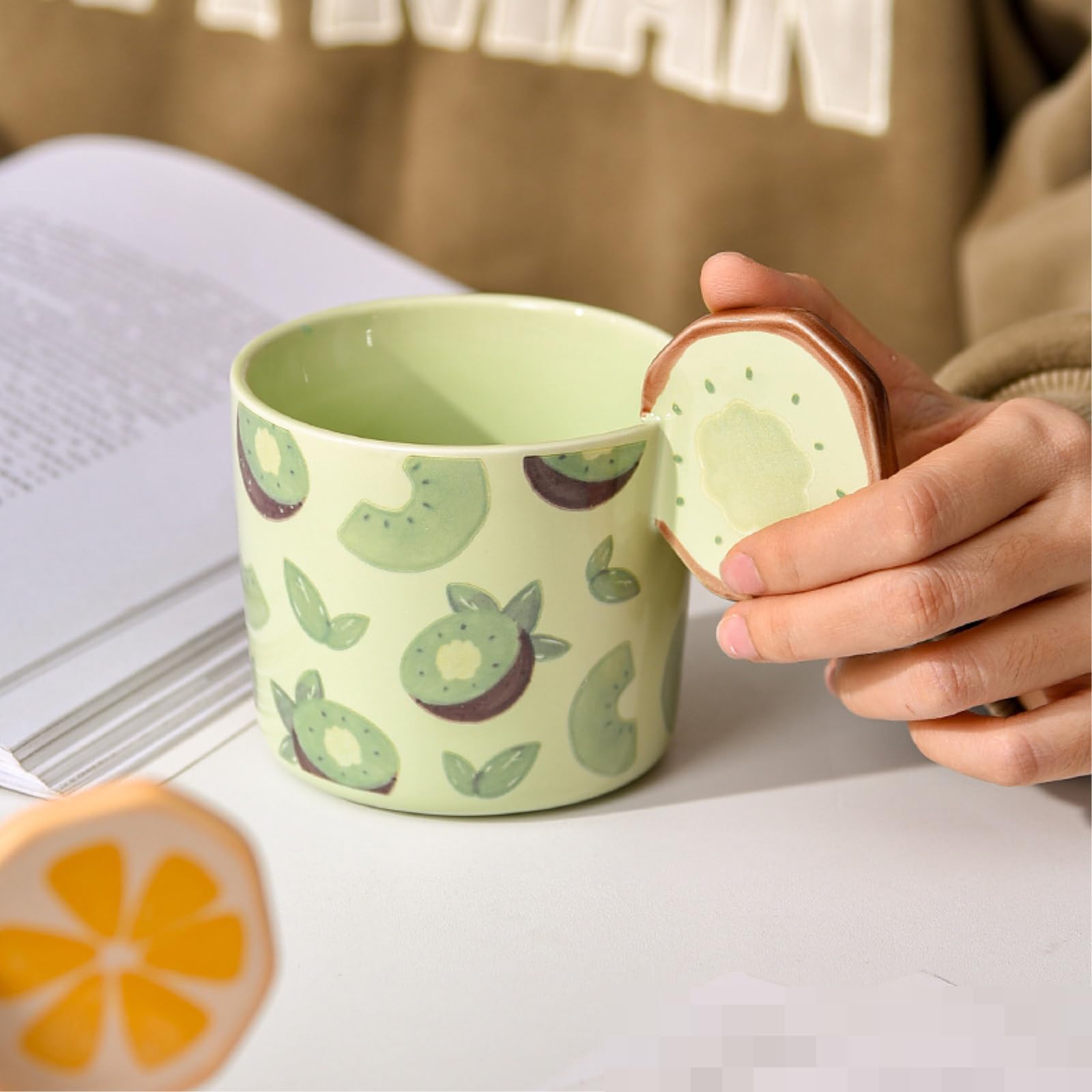 Taza de cerámica creativa de frutas de 500 ml, diseño de flores, color naranja, 500 ml
