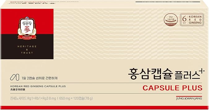 JungKwanJang | Korean Red Ginseng Capsule Plus 650mg x 120 Capsules | Panax Ginseng Supplement | Caffeine Free | Daily Energy, Immune Support, Blood Circulation | Vegan Friendly