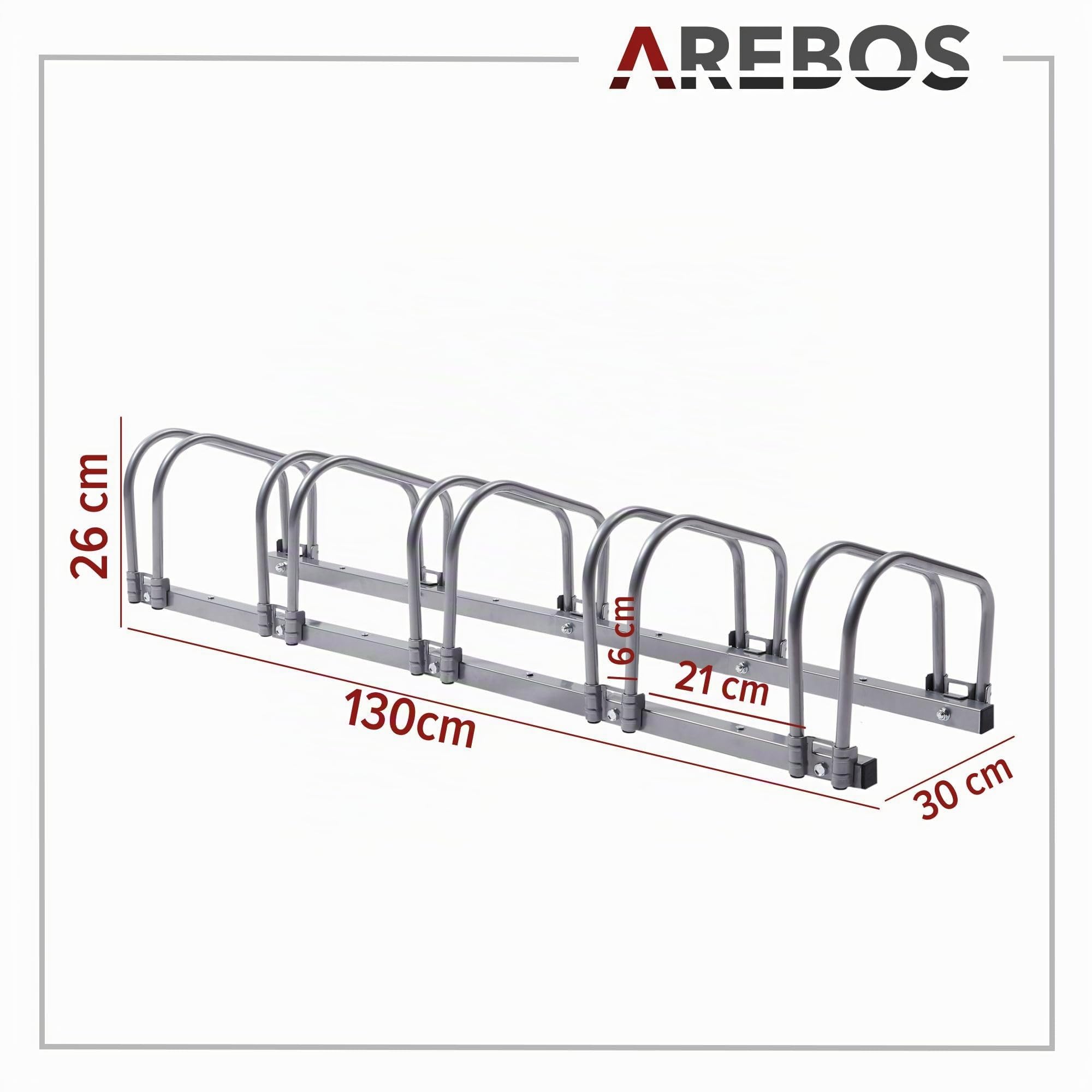 AREBOS Support à Vélos pour 5 Vélos | Écartement des Roues 21 cm | Pour Pneus 35-60 mm | Dimensions 130×30×26 cm | Montage Sol ou Mur | Support Métallique Argenté