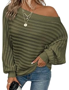 Kinghua Off The Shoulder Sweater for Women Fall Winter Casual Loose Striped Knit Sweaters Tops