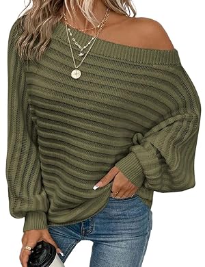 Kinghua Off The Shoulder Sweater for Women Fall Winter Casual Loose Striped Knit Sweaters Tops