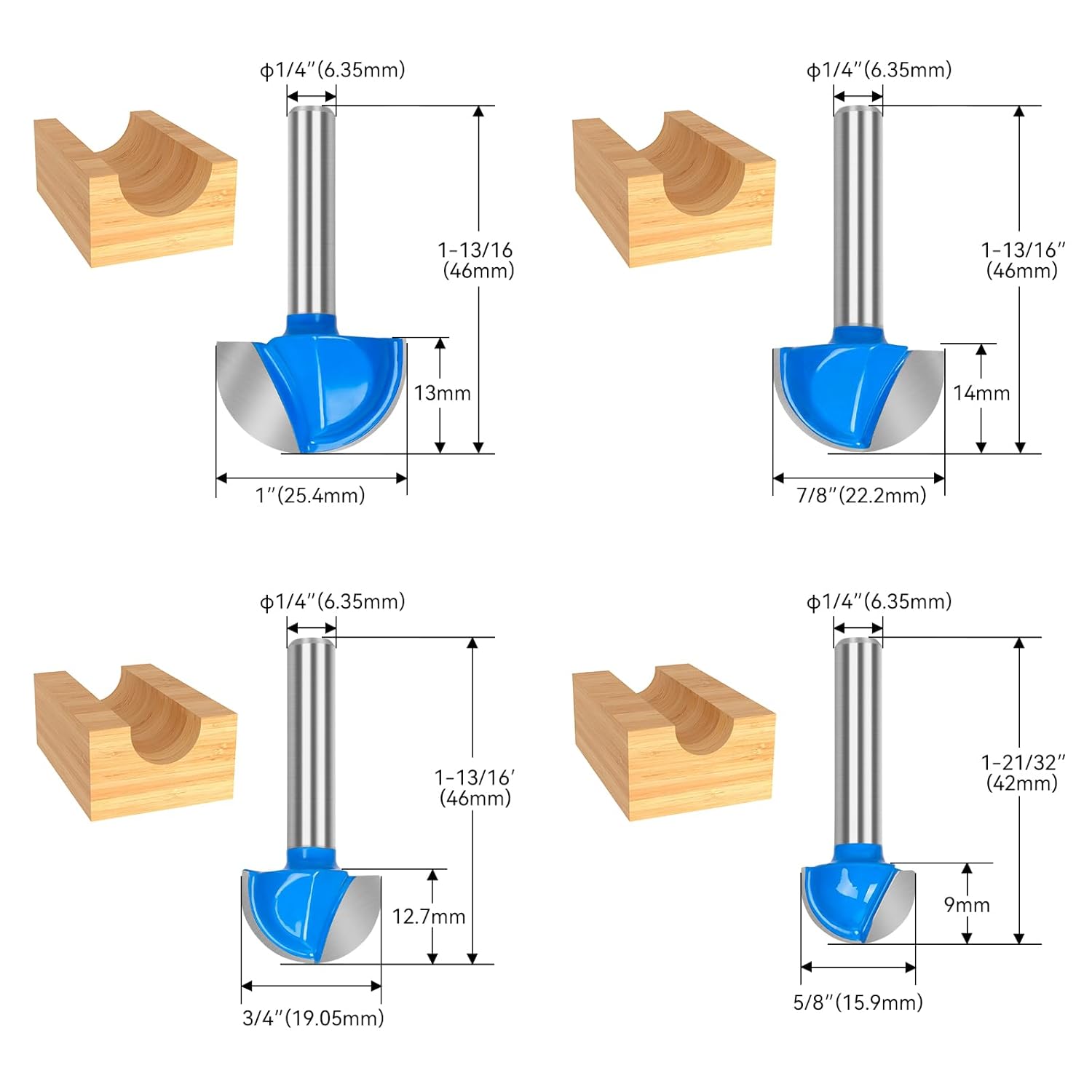 Cove Box Router Bit Set-8Pcs 1/4 Inch Shank Solid Carbide Double Flute Cove Box Round Nose Woodworking Tool-1/4 5/16" 3/8" 1/2" 5/8" 3/4" 7/8" 1" Cutting Diameter