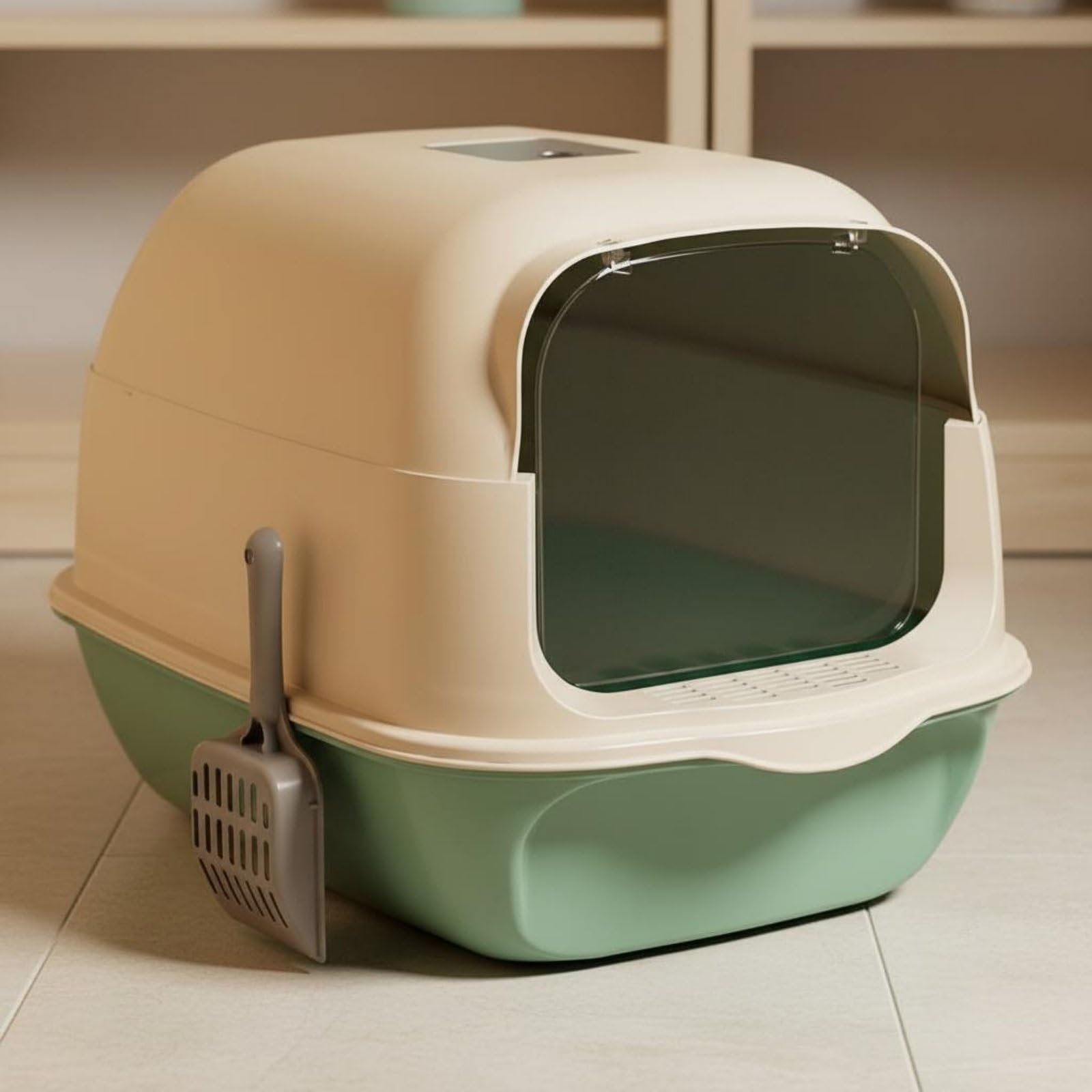 Bandeja de Arena para Gatos Caja de Arena Arenero Baño de Gato con Tapa Abisagrada y Base Extraíble Control de Olores con Área para Carbón Activo PP, Green