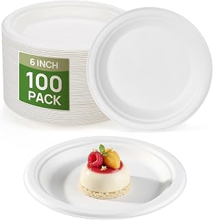 Goodluck 6 Inch White Compostable Sugarcane Paper Plates, 100 Pack | 100% FSC Certified Bagasse Plates, Heavy Duty, Eco Friendly Disposable Dinnerware for Party, Wedding, BBQ & Everyday Use