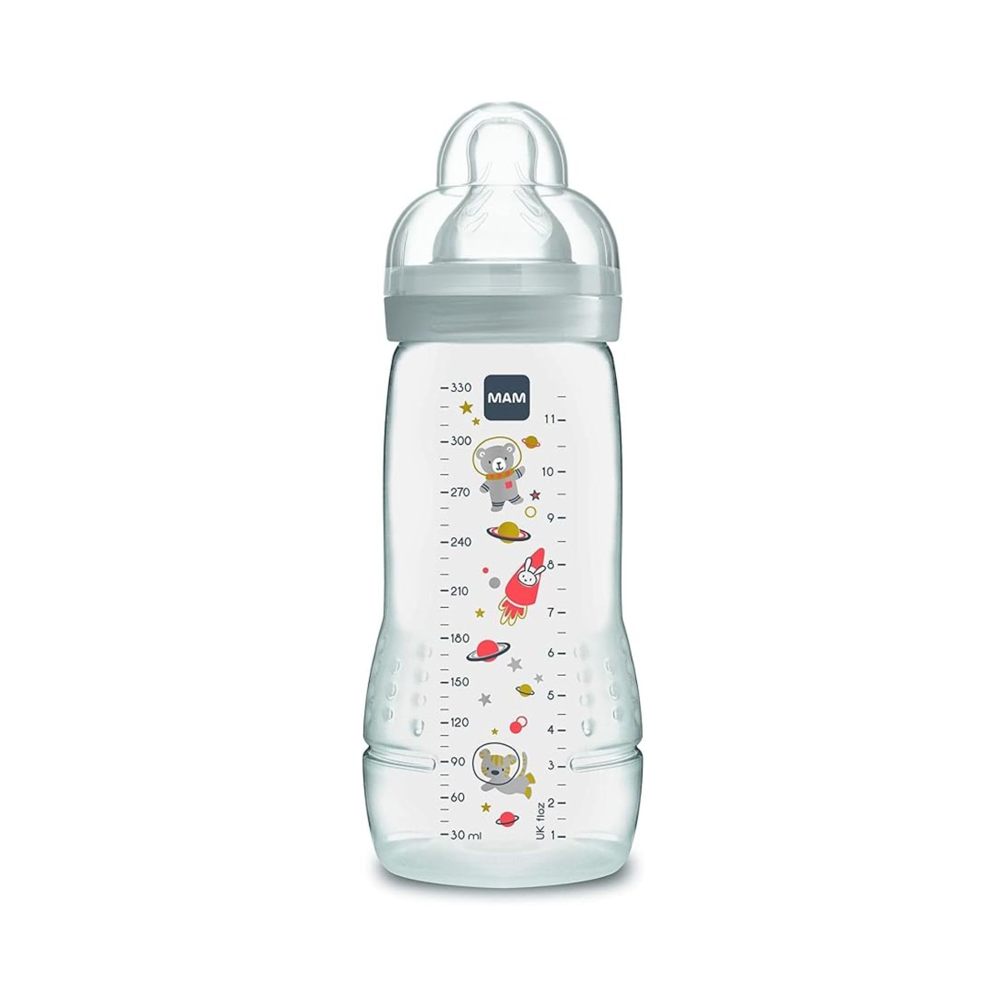 MAM Biberon Easy Active Baby Bottle 330 ml, Biberon MAM per bambini attivi ergonomico e pratico, Accessori neonato 4+ mesi per allattamento con tettarella misura 3 piatta e simmetrica, Neutro
