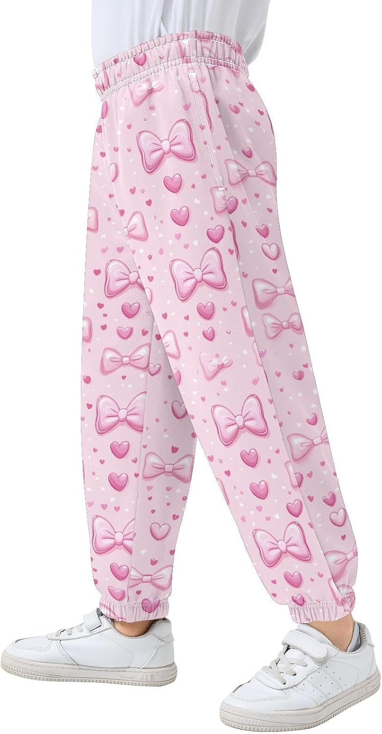 Boy Sweatpants Pink Bow Tie Hearts Joggers Casual Athletic Pants Kids Elastic Waist Cuffed with Pockets