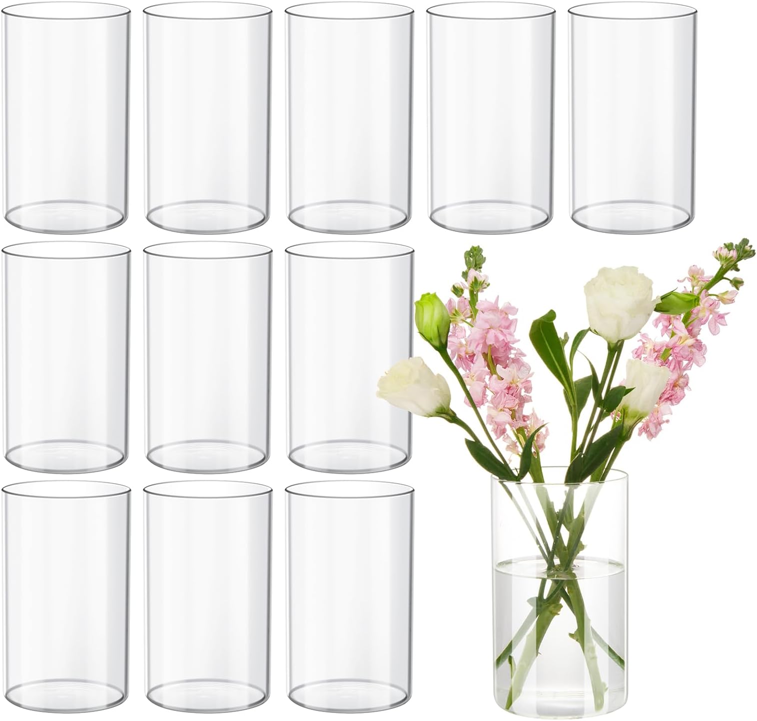 12Pcs Glass Cylinder vases for Centerpieces, 6 Inches Tall Flower Vases Wedding Decorations,Bulk Cylinder Flower& Plant Vases,Hurricane Candle Holder for Table Shelf, Party.