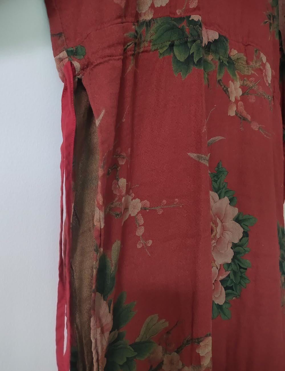 NFYM Women Vintage Floral Print Dress Cotton Long Sleeve Side High Split Drawstring Loose Robe Dress