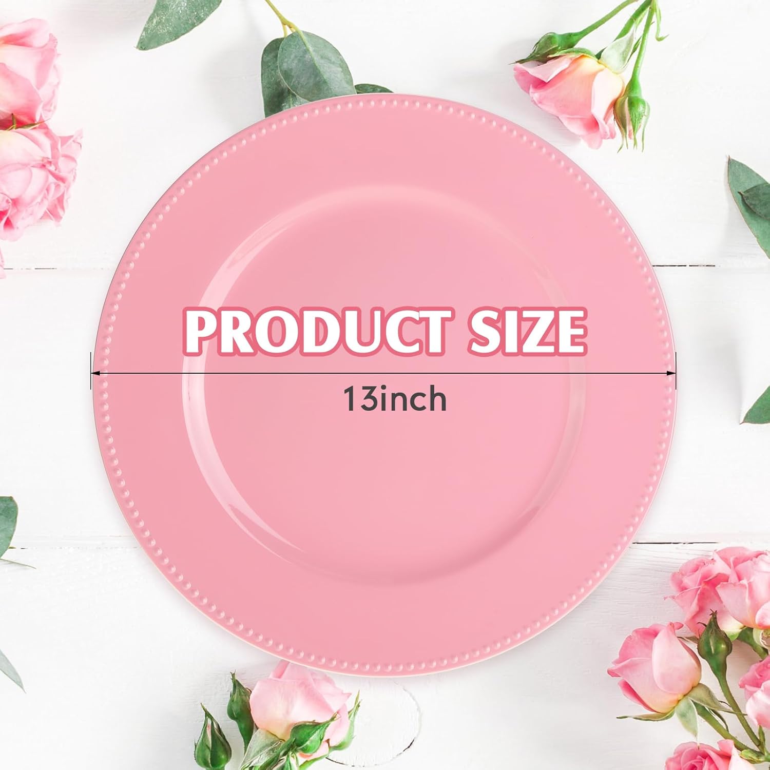Gerrii 12 Pcs Metallic Bead Charger Plates 13 Inch Plastic Round Plates Bulk Wedding Beaded Chargers for Table Party Event Decoration(Pink,Beaded)